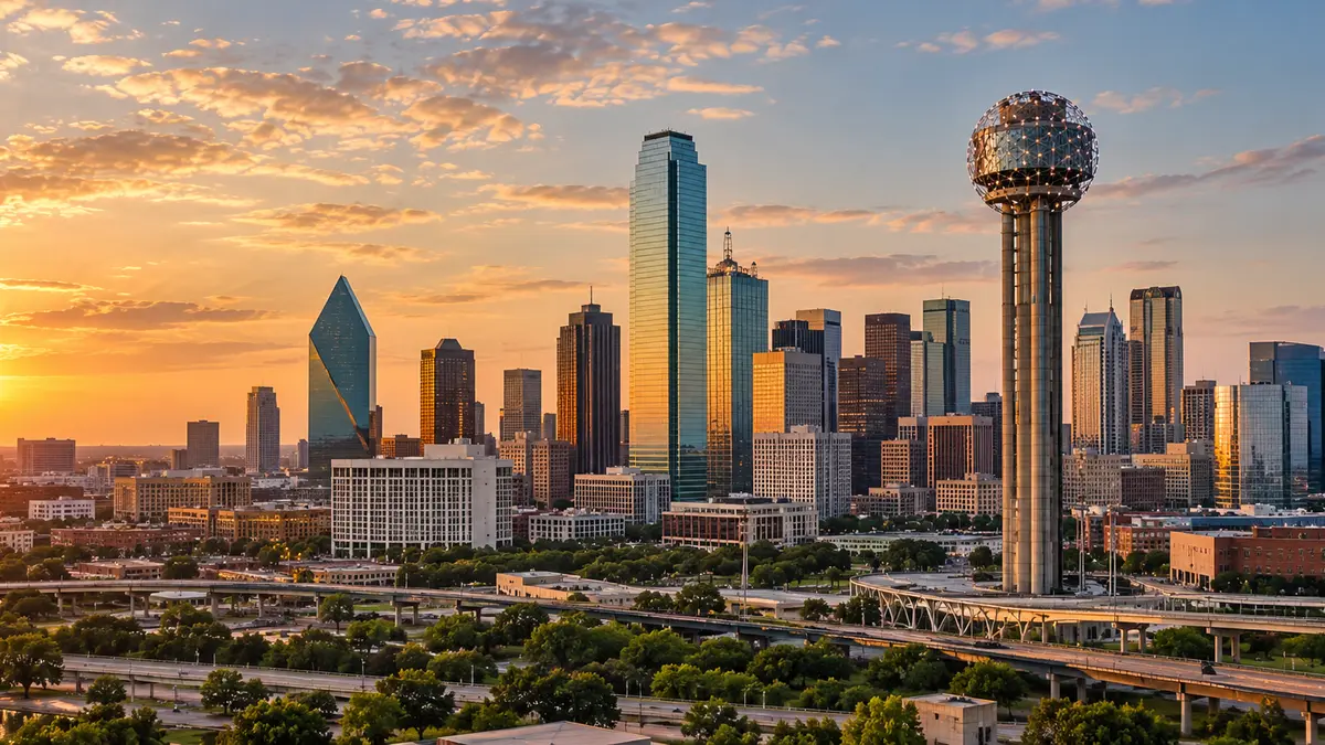 Dallas 市中心天際線與 Reunion Tower 地標